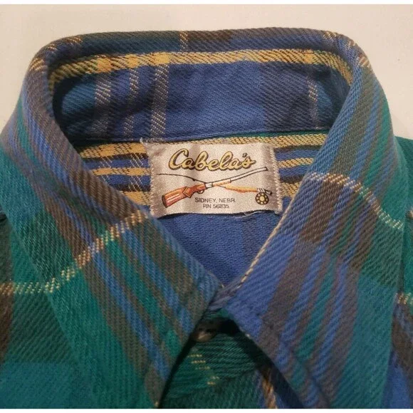Cabelas Sidney Nebraska Vintage Heavy Flannel Plaid Snap Shirt Mens L GUC 80s - Picture 4 of 12
